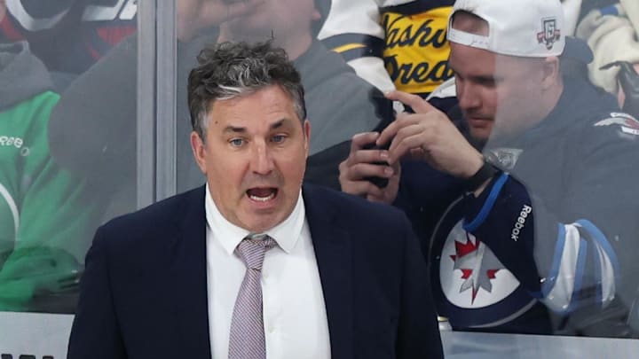 Mar 17, 2026; Winnipeg, Manitoba, CAN; Nashville Predators head coach Andrew Brunette looks on during a game against the Winnipeg Jets in the third period at Canada Life Centre. Mandatory Credit: James Carey Lauder-Imagn Images