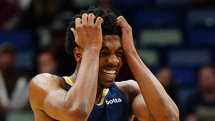 Mar 9, 2022; New Orleans, Louisiana, USA; New Orleans Pelicans forward Herbert Jones (5) reacts to a personal foul against the Orlando Magic during the fourth quarter at Smoothie King Center. Mandatory Credit: Andrew Wevers-USA TODAY Sports