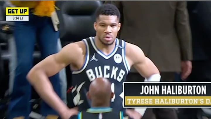 Giannis reacts to Tyrese Haliburton’s father’s taunts. 