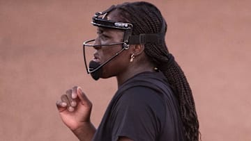 Texas Tech's NiJaree Canady reacts after striking out a Lubbock Christian batter during a softball exhibition, Thursday, October 24, 2024, at Rocky Johnson Field.