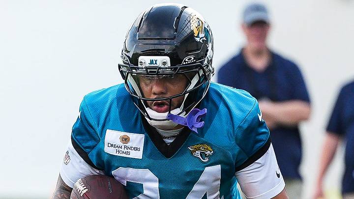Jacksonville Jaguars Running Back Chris Rodriguez Jr. (24) carries the ball during the fourth day of NFL Training Camp in shells at the Miller Electric Center on Thursday, July 30, 2026, in Jacksonville, Fla.  [Doug Engle/Florida Times-Union]
