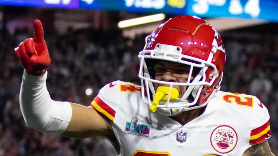 Kansas City Chiefs receiver Skyy Moore celebrates as he scores a touchdown against the Eagles during the Super Bowl LVII.