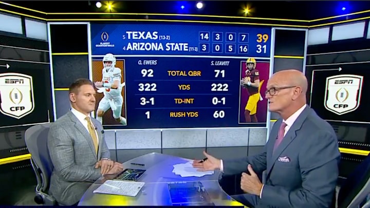 Dusty Dvoracek (left) and Scott Van Pelt (right) discuss a controversial moment of the Peach Bowl.