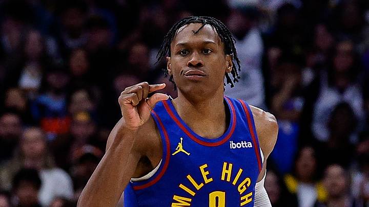 Feb 1, 2026; Denver, Colorado, USA; Denver Nuggets guard Peyton Watson (8) reacts after a play in the second quarter against the Oklahoma City Thunder at Ball Arena. Mandatory Credit: Isaiah J. Downing-Imagn Images