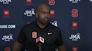 September 29, 2025; Syracuse, New York, USA; Syracuse coach Fran Brown addresses the media at his weekly news conference at the John A. Lally Athletics Complex. Mandatory Credit: Screen shot from Syracuse University Athletic Communications 