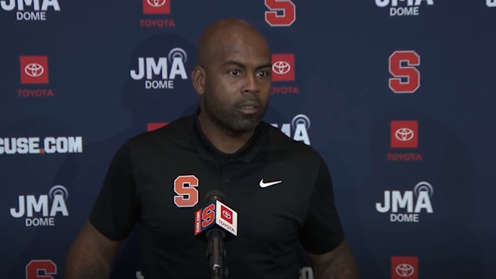September 29, 2025; Syracuse, New York, USA; Syracuse coach Fran Brown addresses the media at his weekly news conference at the John A. Lally Athletics Complex. Mandatory Credit: Screen shot from Syracuse University Athletic Communications 
