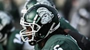 Michigan State's Maliq Carr and the Spartans sport the gruff Sparty helmet for the game against Indiana on Saturday, Nov. 19, 2022, at Spartan Stadium in East Lansing.