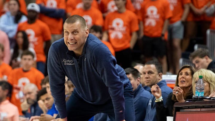 Kentucky Wildcats head coach Mark Pope watches on as Auburn Tigers take on Kentucky Wildcats at Neville Arena in Auburn, Ala. on Saturday, Feb. 21, 2026. Auburn Tigers defeated Kentucky Wildcats 75-74.