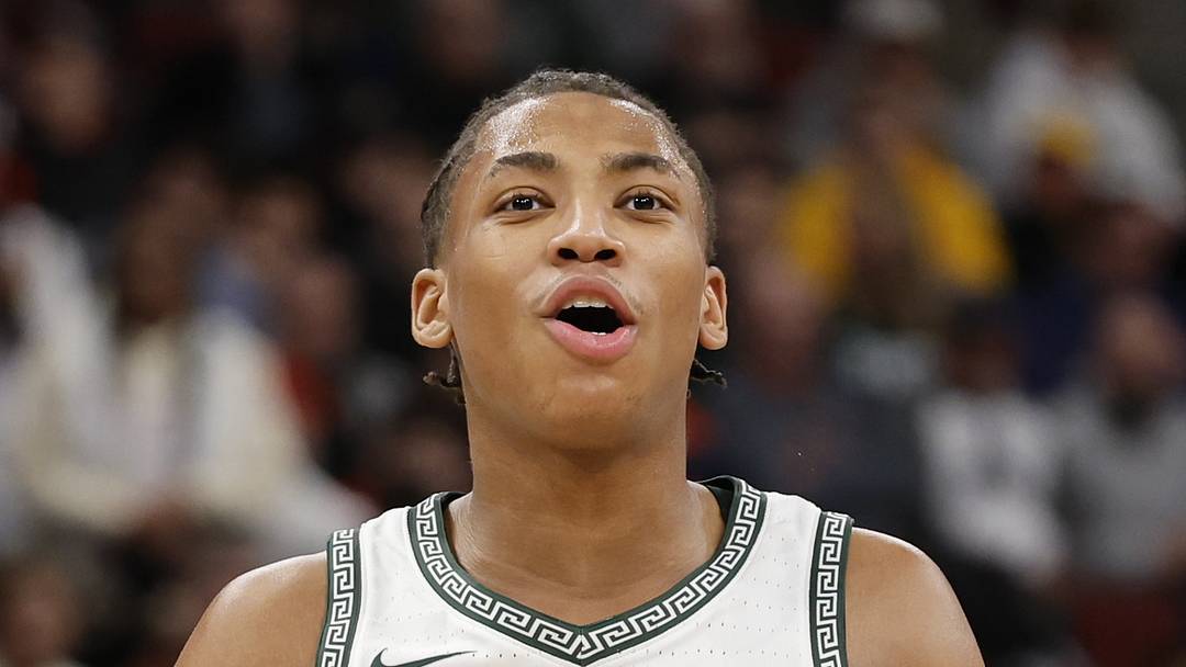 Michigan State's Jeremy Fears Jr. looks on during a Big Ten Tournament quarterfinal game against UCLA at the United Center on Friday, March 13, 2026.