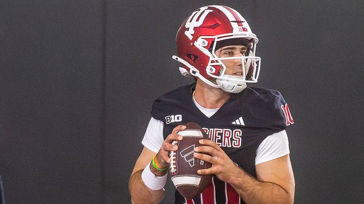 Indiana's Josh Hoover (10) during Indiana University spring football practice on Thursday, March 26, 2026.