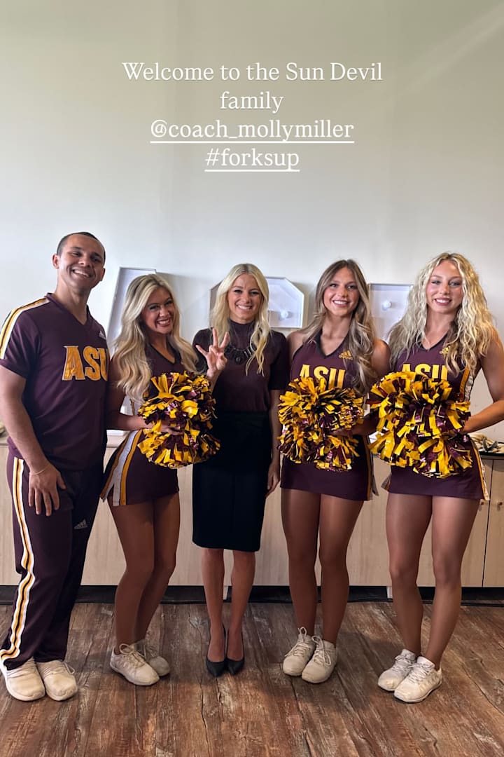 Arizona women's basketball coach Molly Miller with the Sun Devils spirit squad.  