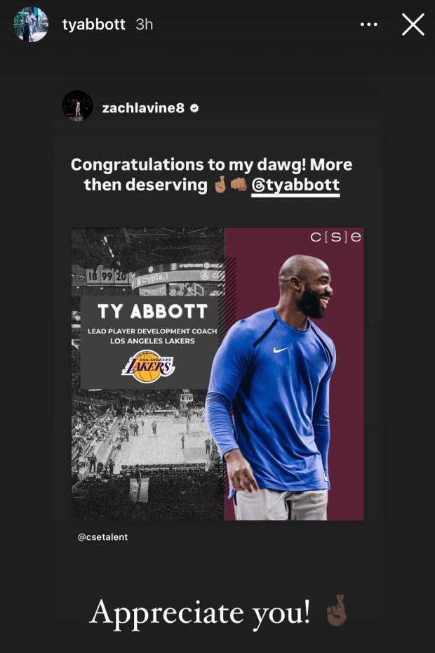 Chicago Bulls guard Zach LaVine congratulates former Bulls coach Ty Abbott