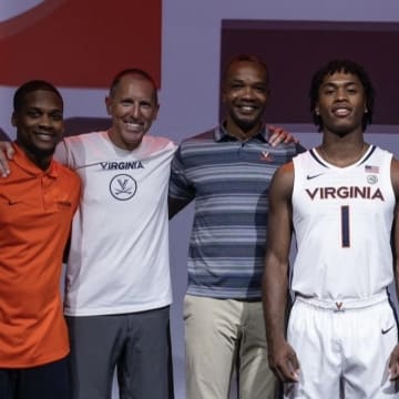 Four-star point guard Keyshuan Tillery on his official visit to the Virginia men's basketball program, joined by UVA staff members Chase Coleman, Ronnie Wideman, Ron Sanchez, Orlando Vandross, and Isaiah Wilkins. 