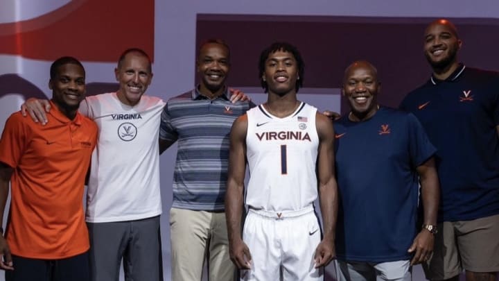 Four-star point guard Keyshuan Tillery on his official visit to the Virginia men's basketball program, joined by UVA staff members Chase Coleman, Ronnie Wideman, Ron Sanchez, Orlando Vandross, and Isaiah Wilkins. 