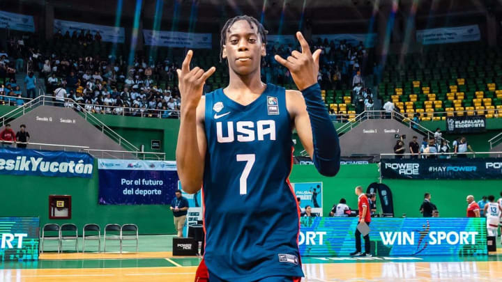 AJ Dybantsa playing for Team USA in a FIBA competition in 2023.