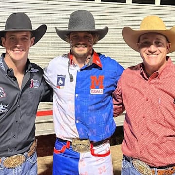 From left, Tim O'Connell got the chance to work alongside barrel man Kyle Lamon, center, and veteran announcer Andy Seiler, right, at the inaugural Timber City Pro Rodeo in late August. It was O'Connell's PRCA debut as an announcer. 