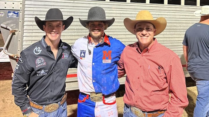 From left, Tim O'Connell got the chance to work alongside barrel man Kyle Lamon, center, and veteran announcer Andy Seiler, right, at the inaugural Timber City Pro Rodeo in late August. It was O'Connell's PRCA debut as an announcer. 