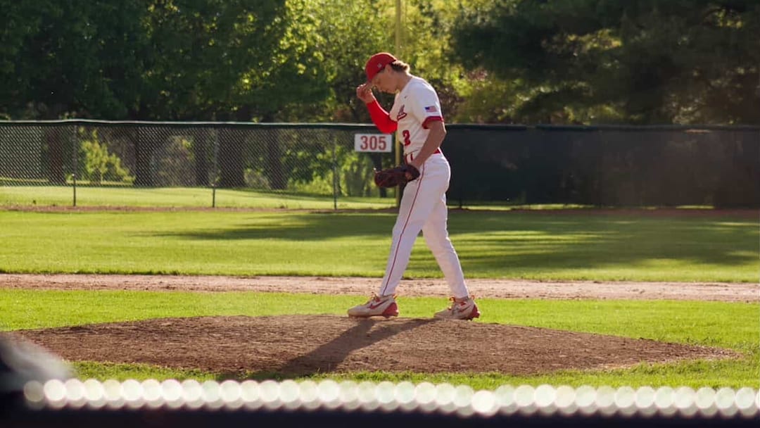 Braylon Brantner steps on the mound at Commercial Club Park, home of the Hortonville Polar Bears. 