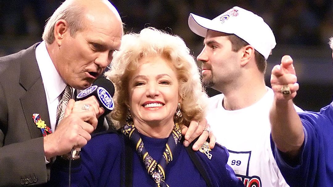 Jan 23, 2000; St. Louis, MO, USA: St. Louis Rams owner Georgia Frontiere (center) is interviewed by Terry Bradshaw (left) after the Rams defeat the Tampa Bay Buccaneers in the NFC Championship game as head coach Dick Vermeil (right) and quarterback Kurt Warner (rear) celebrate. The Rams won 11-6. Mandatory Credit: Scott Rovak-Imagn Images Jan 23, 2000; St. Louis, MO, USA: St. Louis Rams owner Georgia Frontiere (center) is interviewed by Terry Bradshaw (left) after the Rams defeat the Tampa Bay Buccaneers in the NFC Championship game as head coach Dick Vermeil (right) and quarterback Kurt Warner (rear) celebrate. The Rams won 11-6. Mandatory Credit: Scott Rovak-Imagn Images