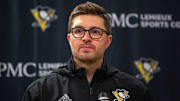 Pittsburgh Penguins President of Hockey Ops Kyle Dubas addresses the media at UPMC Lemieux Sports Complex in Cranberry, PA.