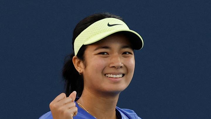Alexandra Eala celebrates after a match point