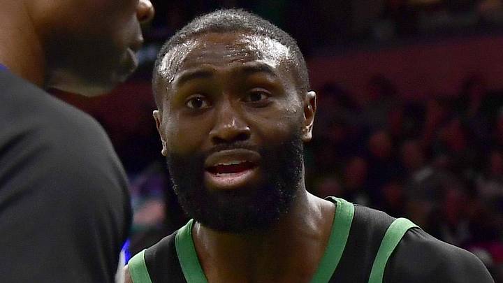 Feb 6, 2026; Boston, Massachusetts, USA;  Boston Celtics guard Jaylen Brown (7) argues a call with he official during the second half against the Miami Heat at TD Garden. Mandatory Credit: Bob DeChiara-Imagn Images