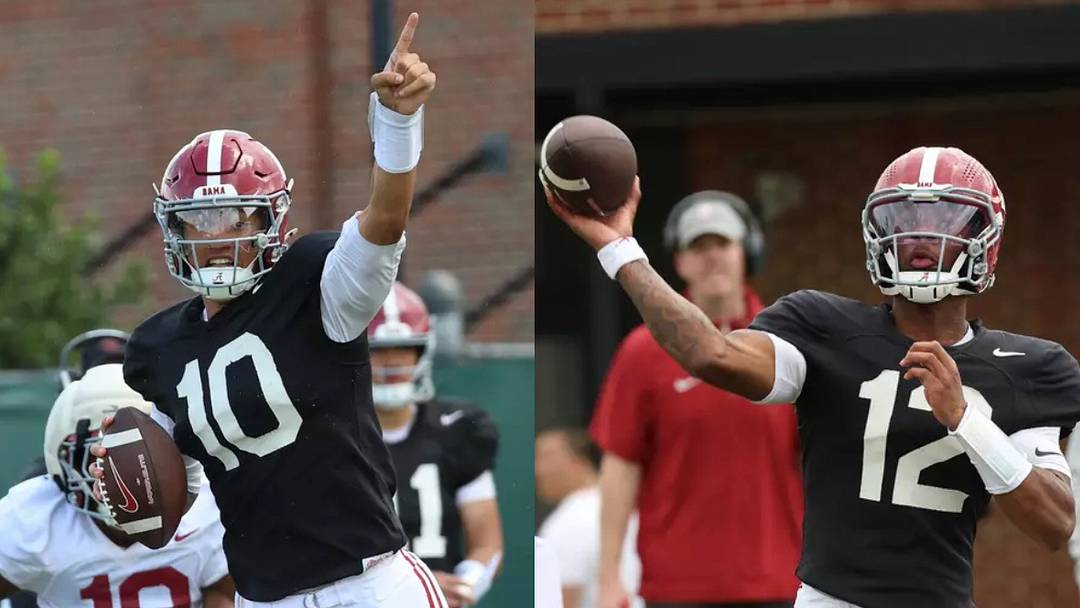 Alabama Quarterbacks Austin Mack (10) and Keelon Russell (12) in Spring Practice
