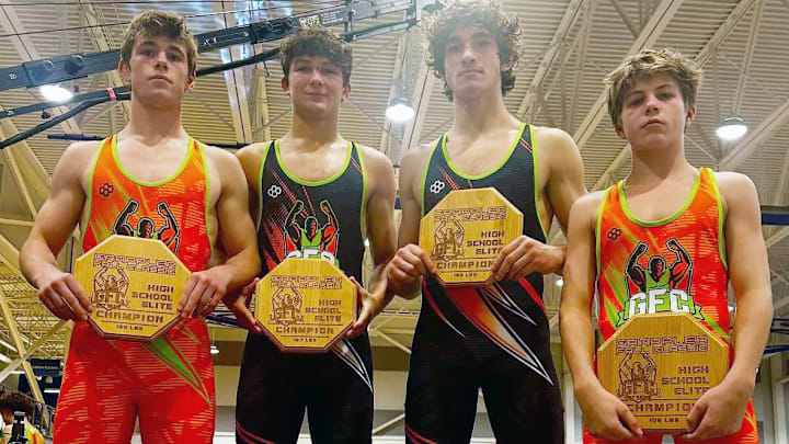 Lake Highland Prep Elite  Champs Charlie DeSena (150 pounds), Zeno Moore (157), Nadav Nafshi (165), and Lucas Layne (106).