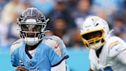 Tennessee Titans quarterback Cam Ward looks for a receiver against the Los Angeles Chargers.