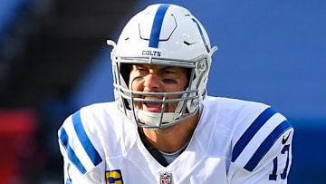 Jan 9, 2021; Orchard Park, New York, USA; Indianapolis Colts quarterback Philip Rivers (17) in action against the Buffalo Bills during the second quarter of a AFC Wild Card game at Bills Stadium. Mandatory Credit: Rich Barnes-Imagn Images