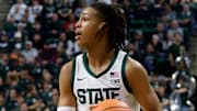 Michigan State Spartans forward Jordan Scott looks to pass during a game against the Detroit Mercy Titans at the Breslin Center on Friday, Nov. 21, 2025.