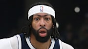 Apr 18, 2025; Memphis, Tennessee, USA; Dallas Mavericks forward Anthony Davis (3) dribbles during the second quarter against the Memphis Grizzlies at FedExForum. Mandatory Credit: Petre Thomas-Imagn Images
