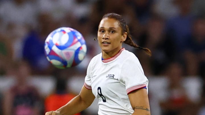 Jul 28, 2024; Marseille, France; Lynn Williams of United States in action against Germany in a Group B match during the Paris 2024 Olympic Summer Games at Orange Velodrome. 