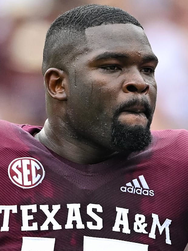 Texas A&M Aggies defensive lineman Albert Regis (15) looks on during a timeout in the first quarter against the Sam Houston.