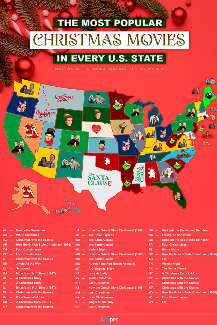 A map of the most popular Christmas movies by state is pictured