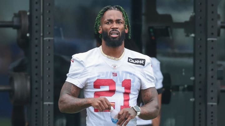 Jul 24, 2024; East Rutherford, NJ, USA; New York Giants cornerback Jalen Mills (21) looks on during training camp at Quest Diagnostics Training Facility.  