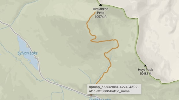 A map showing the Avalanche Peak hiking trail.