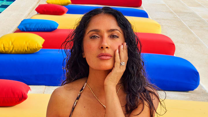 Salma Hayek Pinault was photographed by Ruven Afanador in Mexico. Swimsuit by Sommer Swim. Necklace by Jacquie Aiche. Salma Hayek Pinault was photographed by Ruven Afanador in Mexico. Swimsuit by Sommer Swim. Necklace by Jacquie Aiche.