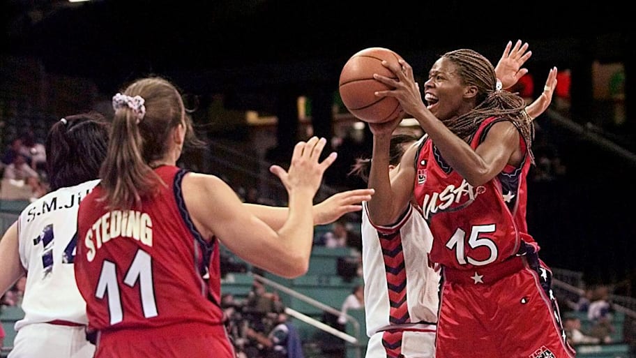 USA's Nikki McCray and Katy Steding during Olympic basketball play against Korea.
