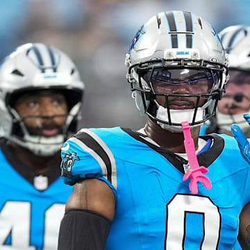 Aug 2, 2025; Charlottle, NC, USA; Carolina Panthers tight end Ja'Tavion Sanders (0) during Fanfest at Bank of America Stadium. Mandatory Credit: Jim Dedmon-Imagn Images