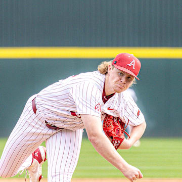 Aiden Jimenez throws a pitch against South Carolina as part of 4 1/3 scoreless innings against the Gamecocks. The Razorbacks won 12-3.