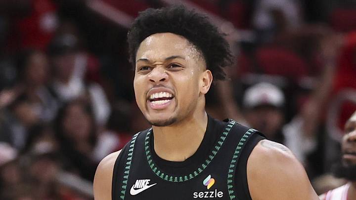 Apr 10, 2026; Houston, Texas, USA; Minnesota Timberwolves guard/forward Terrence Shannon Jr. (1) reacts after scoring a basket during the fourth quarter against the Houston Rockets at Toyota Center. Mandatory Credit: Troy Taormina-Imagn Images
