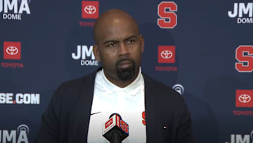November 3, 2025; Syracuse, New York, USA; Syracuse coach Fran Brown addresses the media at his weekly news conference at the John A. Lally Athletics Complex. Mandatory Credit: Screen shot courtesy Syracuse University Athletic Communications 