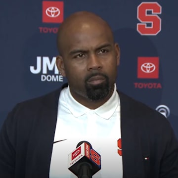 November 3, 2025; Syracuse, New York, USA; Syracuse coach Fran Brown addresses the media at his weekly news conference at the John A. Lally Athletics Complex. Mandatory Credit: Screen shot courtesy Syracuse University Athletic Communications 