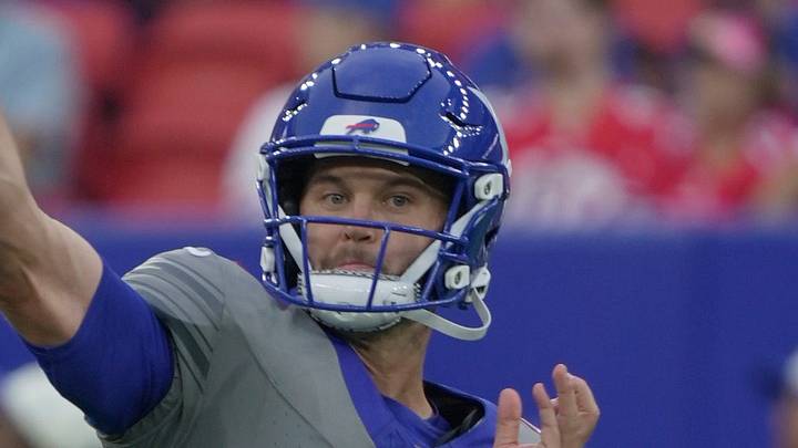Bills Kyle Allen throws to a receiver during a drill at the Return of the Blue and Red practice at Highmark Stadium in Orchard Park on Aug. 8, 2026.