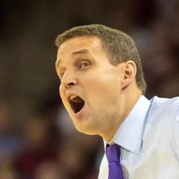 Feb 22, 2020; Columbia, South Carolina, USA; LSU Tigers head coach Will Wade disputes a call against the South Carolina Gamecocks in the first half at Colonial Life Arena. Mandatory Credit: Jeff Blake-Imagn Images