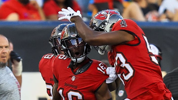 Aug 10, 2024; Cincinnati, Ohio, USA; Tampa Bay Buccaneers cornerback Keenan Isaac (16) reacts after intercepting the ball in the first half against the Cincinnati Bengals at Paycor Stadium. Mandatory Credit: Katie Stratman-Imagn Images