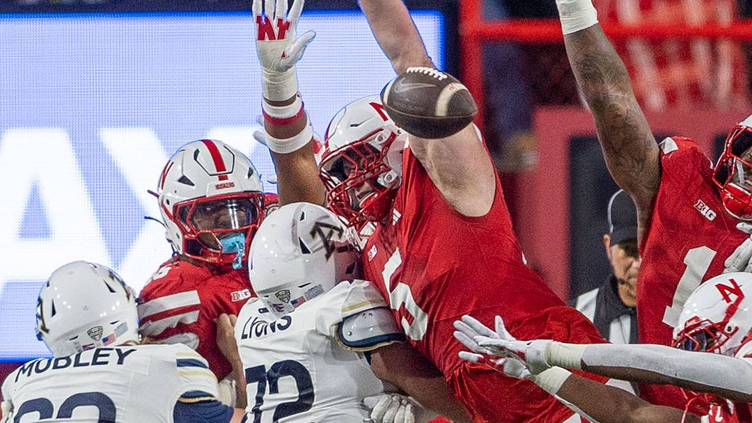 Nebraska defensive lineman Riley Van Poppel (5) blocks a field goal last season against Akron.