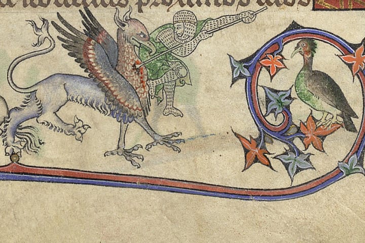 illustration of a person slaying a griffin