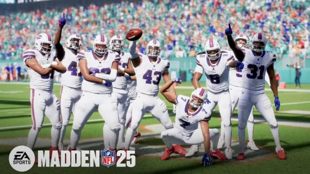 Buffalo Bills players celebrating in the endzone in EA Sports Madden 25.